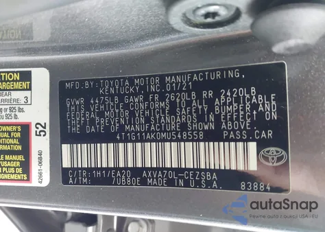 2021 Toyota Camry Se из США, поврежденный, VIN 4T1G11AK0MU548558